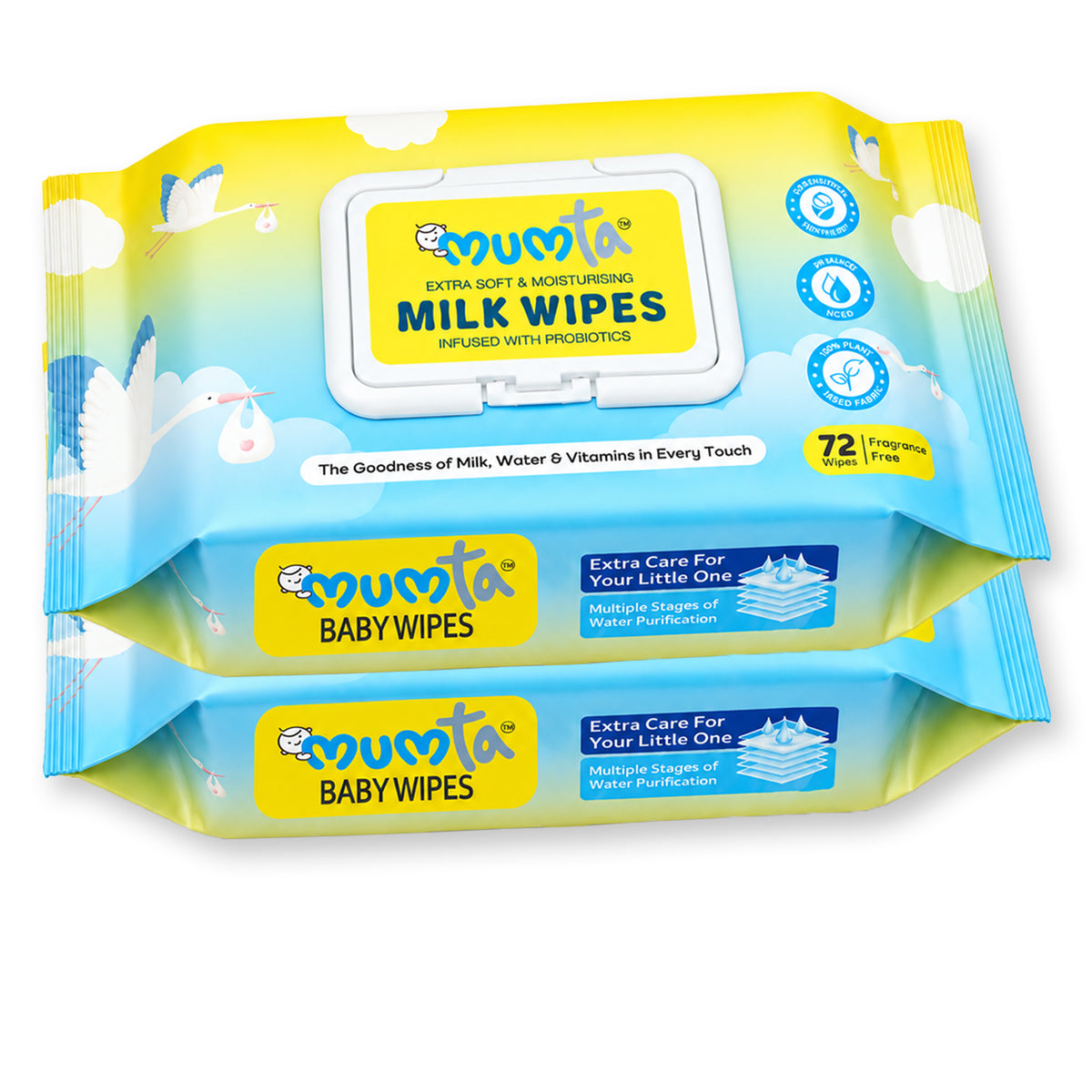 MUMta Milk Baby Wet Wipes – Extra Soft Unscented Baby Wipes with Vitamin E | Pack of 2 (144 Wipes)