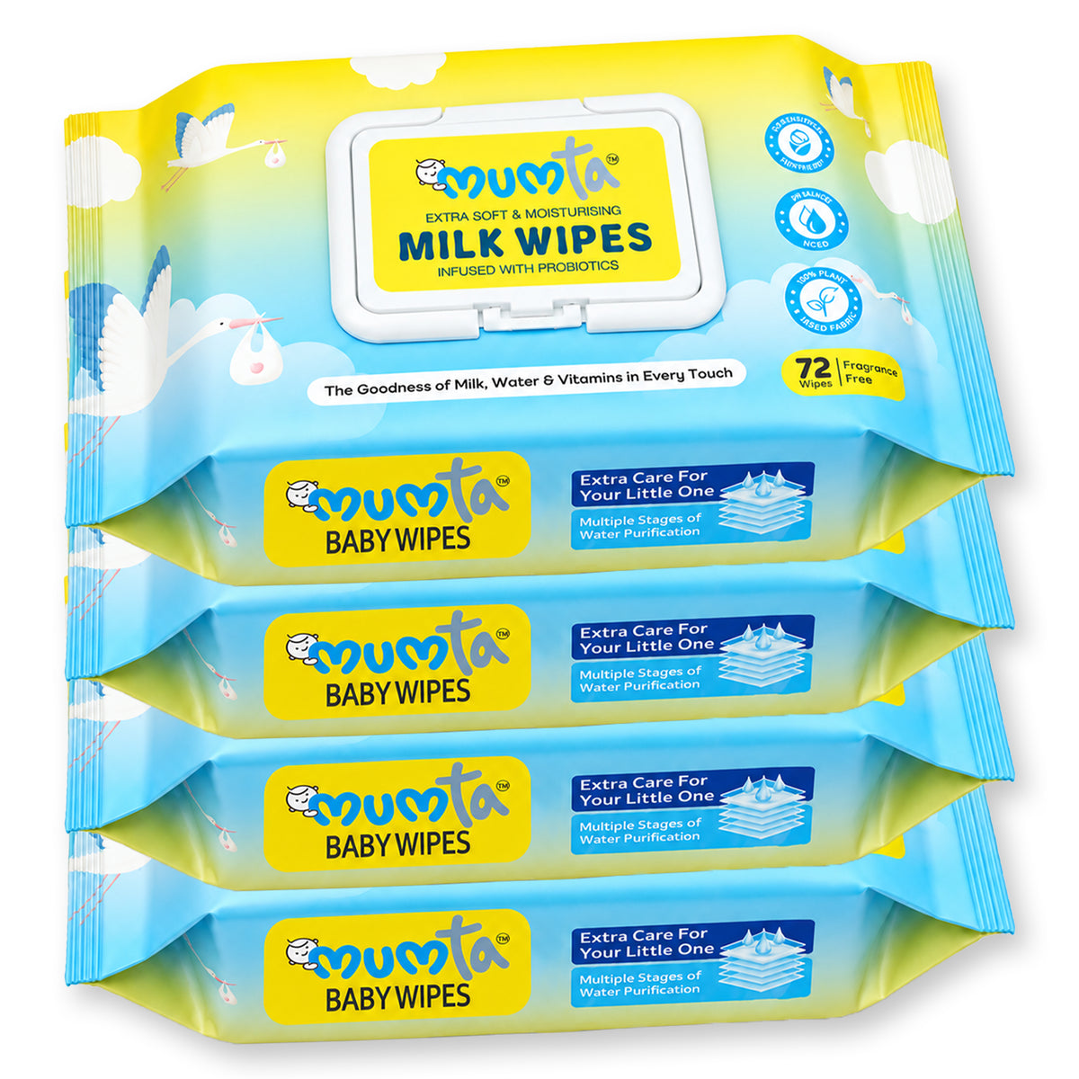 MUMta Extra Soft Baby Wet Wipes – Unscented Wipes with Vitamin E | Pack of 4 (288 Wipes)