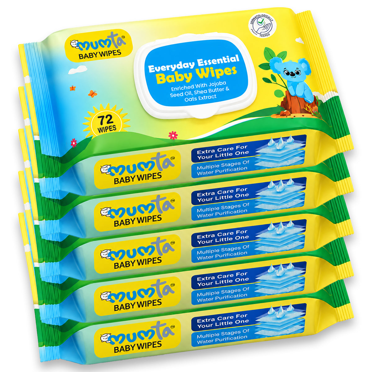 MUMta Baby Wet Wipes for Everyday Cleaning – Aloe Vera & Vitamin E | 72s - Pack of 5 (360 Wipes)