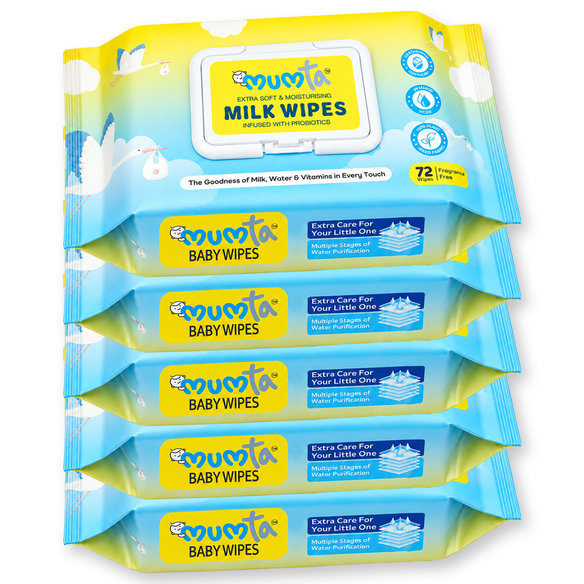 MUMta Milk Baby Cleaning Wipes – Extra Soft & Unscented with Vitamin E | Pack of 5 (360 Wipes)