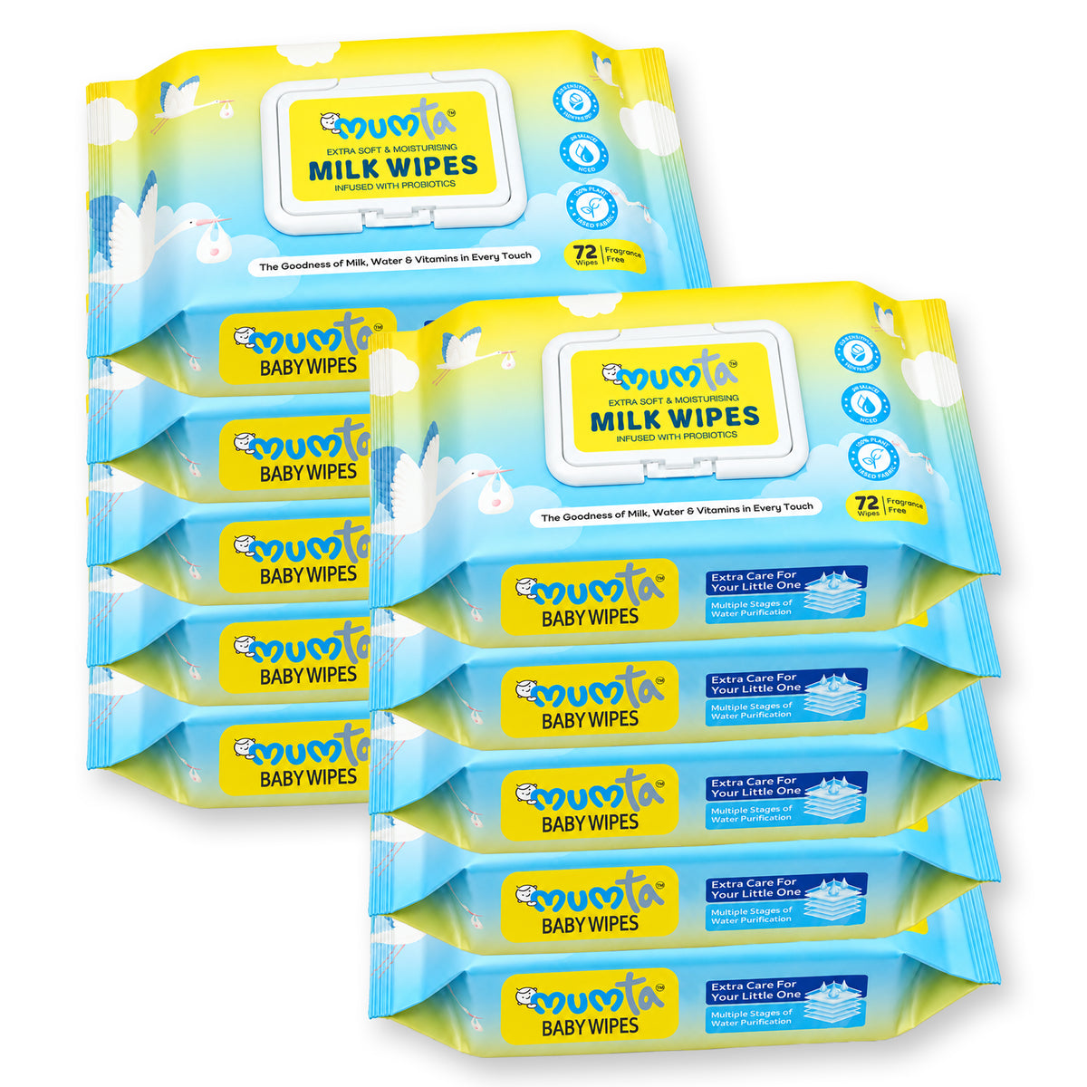 MUMta Milk Baby Wipes Bulk Pack – Extra Soft Unscented Wipes with Vitamin E | Pack of 10 (720 Wipes)