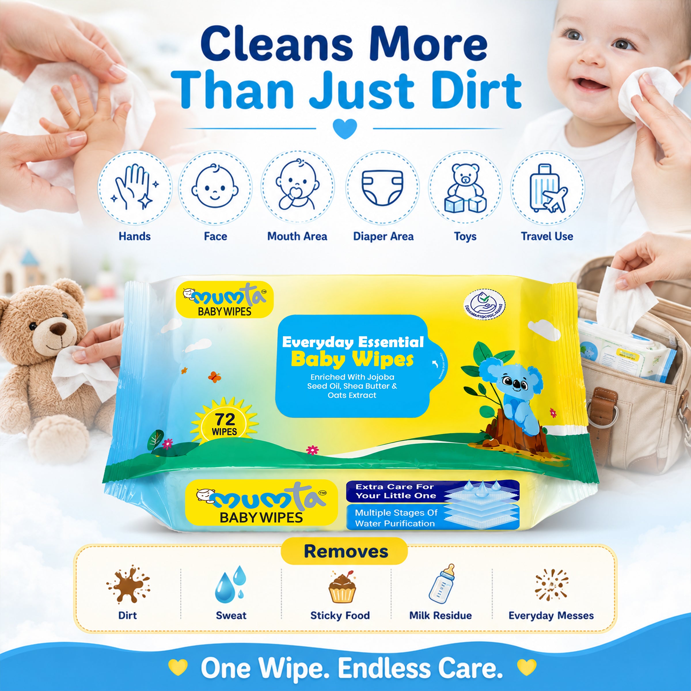 MUMta Everyday Essential Baby Wipes with Aloe Vera & Vitamin E | 72s - Pack of 2 (144 Wipes)