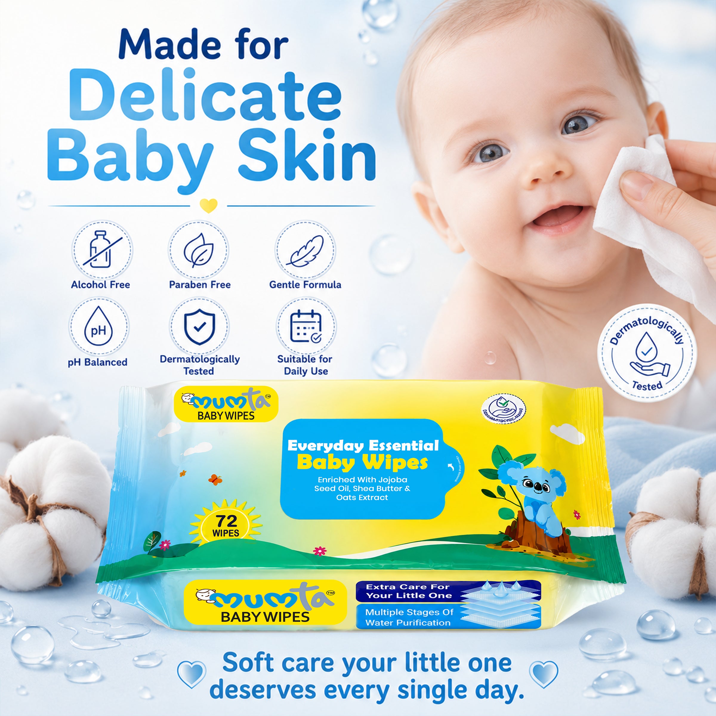 MUMta Soft Baby Wipes with Aloe Vera & Vitamin E | 72s - Pack of 4 (288 Wipes)