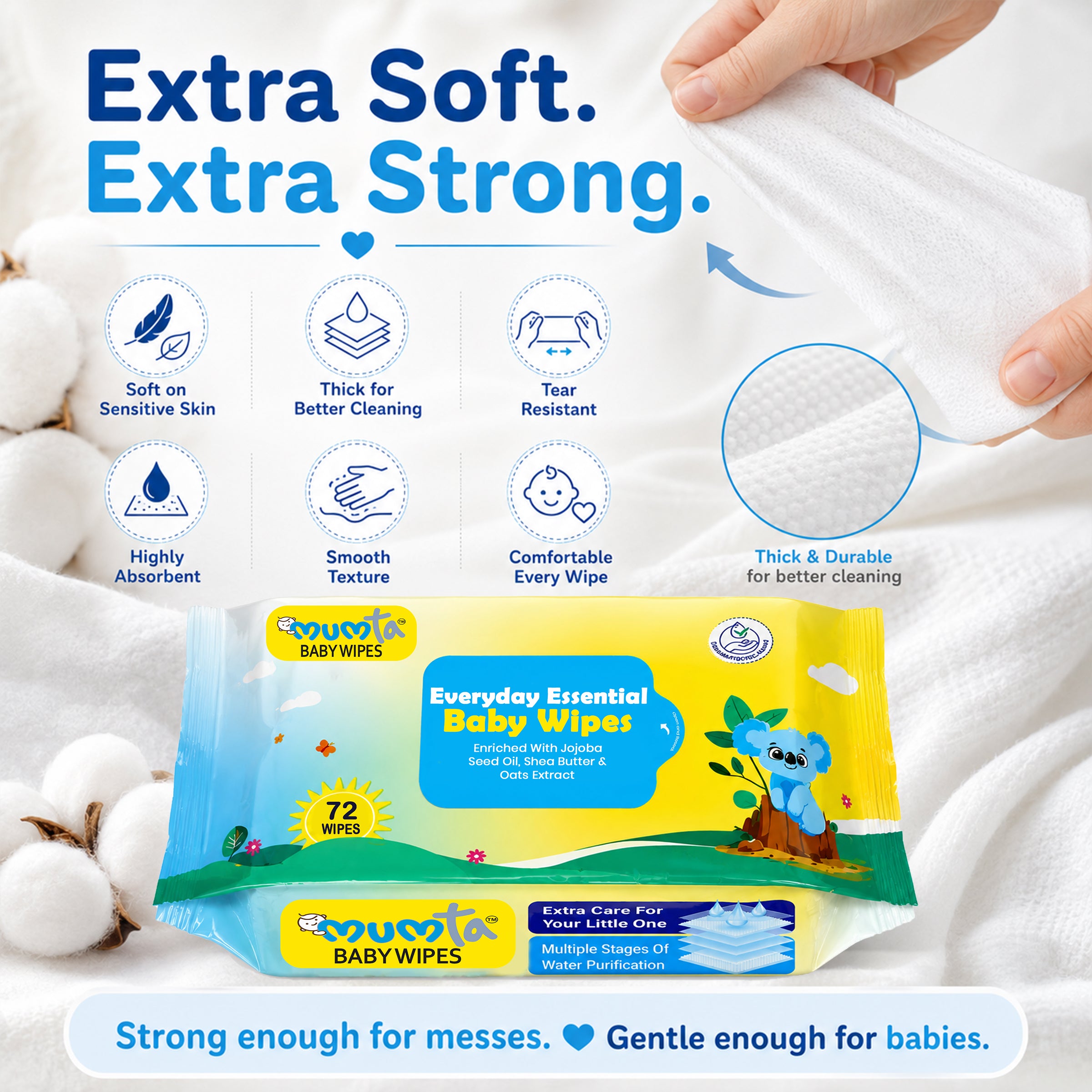 MUMta Everyday Essential Baby Wipes with Aloe Vera & Vitamin E | 72s - Pack of 2 (144 Wipes)