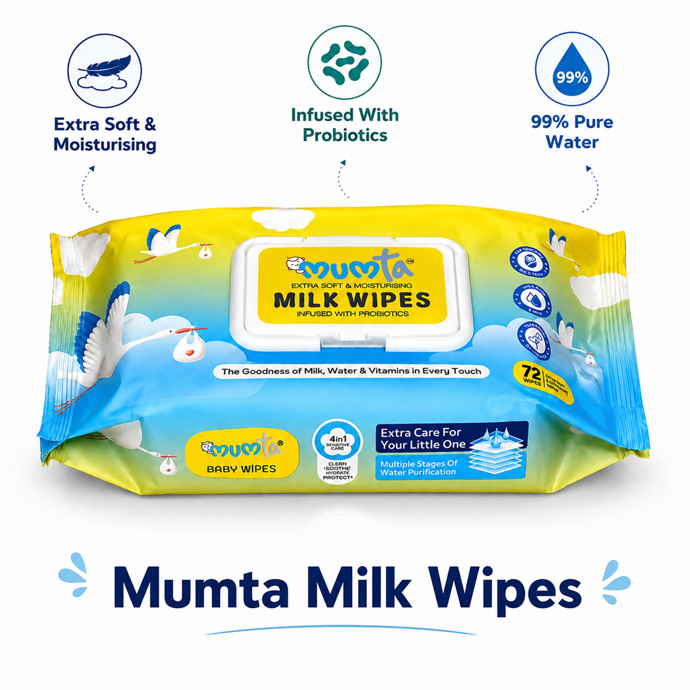 MUMta Extra Soft Baby Wet Wipes – Unscented Wipes with Vitamin E | Pack of 4 (288 Wipes)