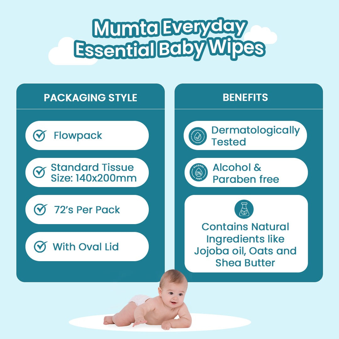 MUMta Everyday Essential Wipes 72's | Gentle Baby Wet Wipes | Alcohol-Free